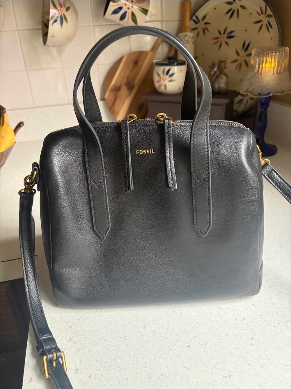 Fossil Black Pebbled Leather Satchel with Crossbody Strap